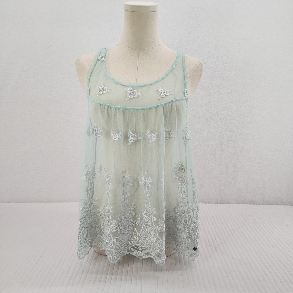 Abercrombie & Fitch Lace Tank Top Blue Floral Embroidered Sleeveless L